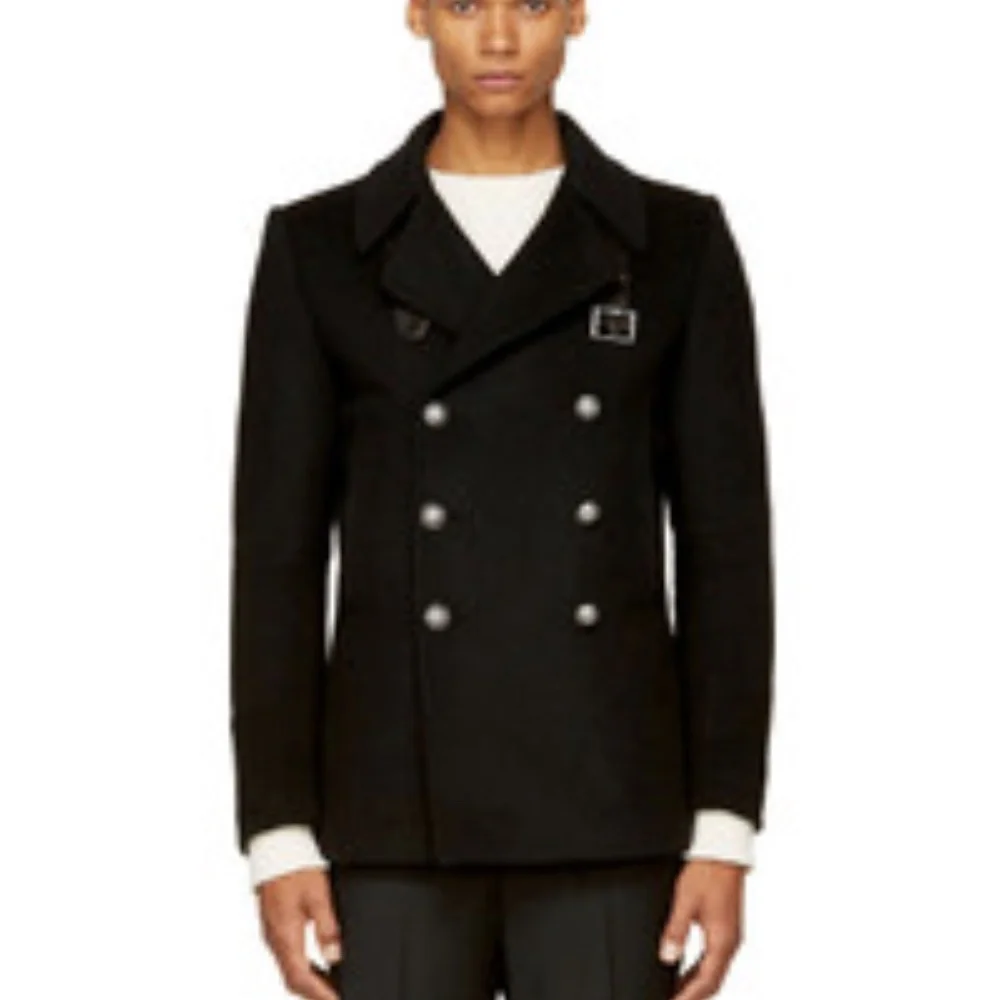 BALMAIN MEN'S 54 BLACK PEA COAT JACKET - Picture 2 of 16